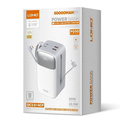 LDNIO PQ50 50000mAh 22.5W USB-C Fast Charging Power Bank with LED Display & Built-in Cable