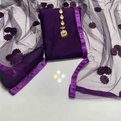 3 Pcs Women’s Unstitched Katan Silk Plain Suit – Elegant Purple