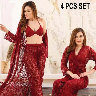 Maroon Embossed Net Nightwear Set – Elegant & Comfortable