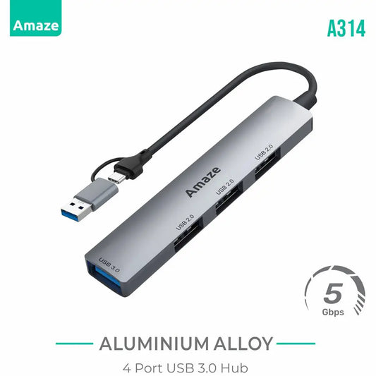 Amaze A314 4-Port USB 3.0 Hub – 5Gbps Dual Input